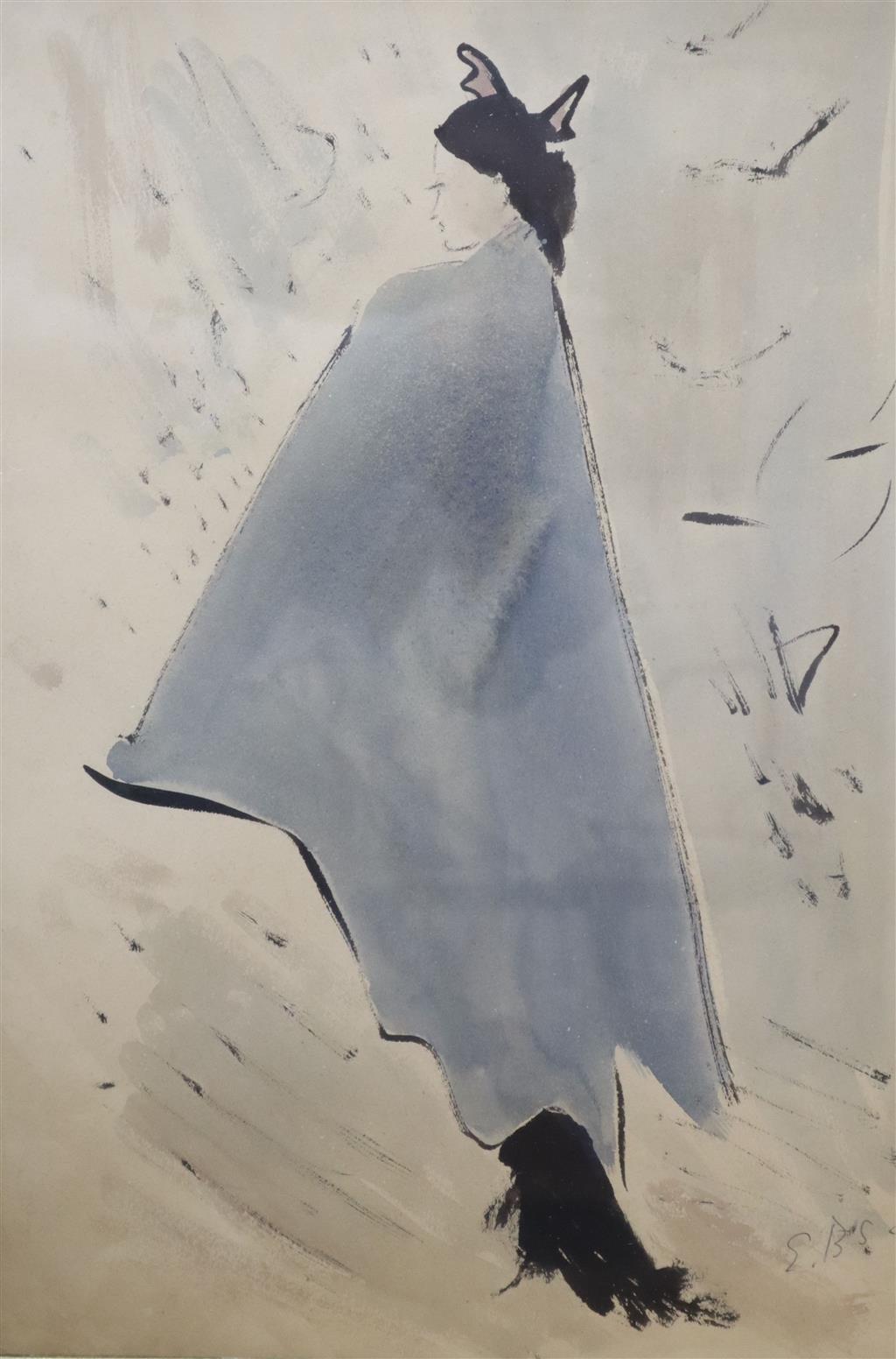 Elinor Bellingham Smith (1906-1988), ink and watercolour, The Blue Cape, signed, with Gallery label verso, 33 x 22.5cm